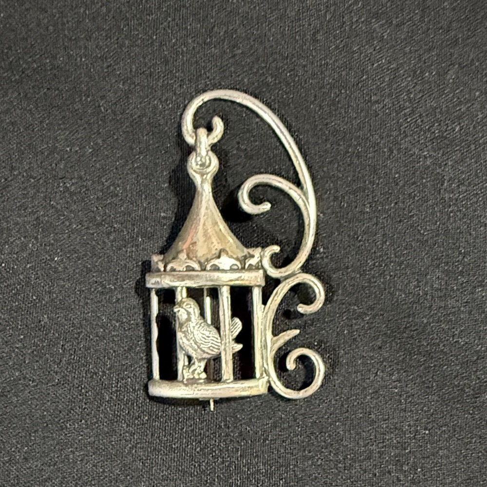 Vintage Lang Silver Bird in a Cage Brooch